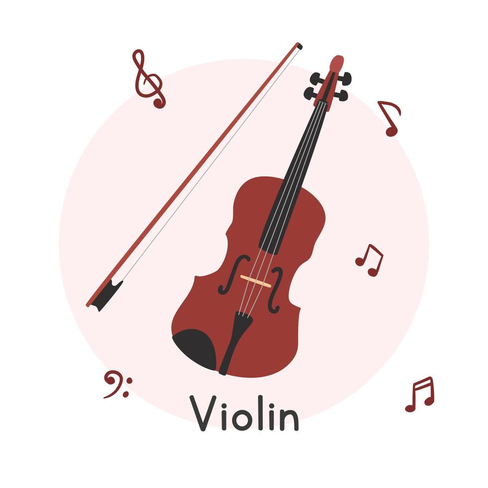 violín con arco clipart estilo de dibujos animados. ilustración de vector plano de instrumento de cuerda de violín marrón lindo simple. instrumentos de cuerda estilo garabato dibujado a mano. diseño vectorial de violín