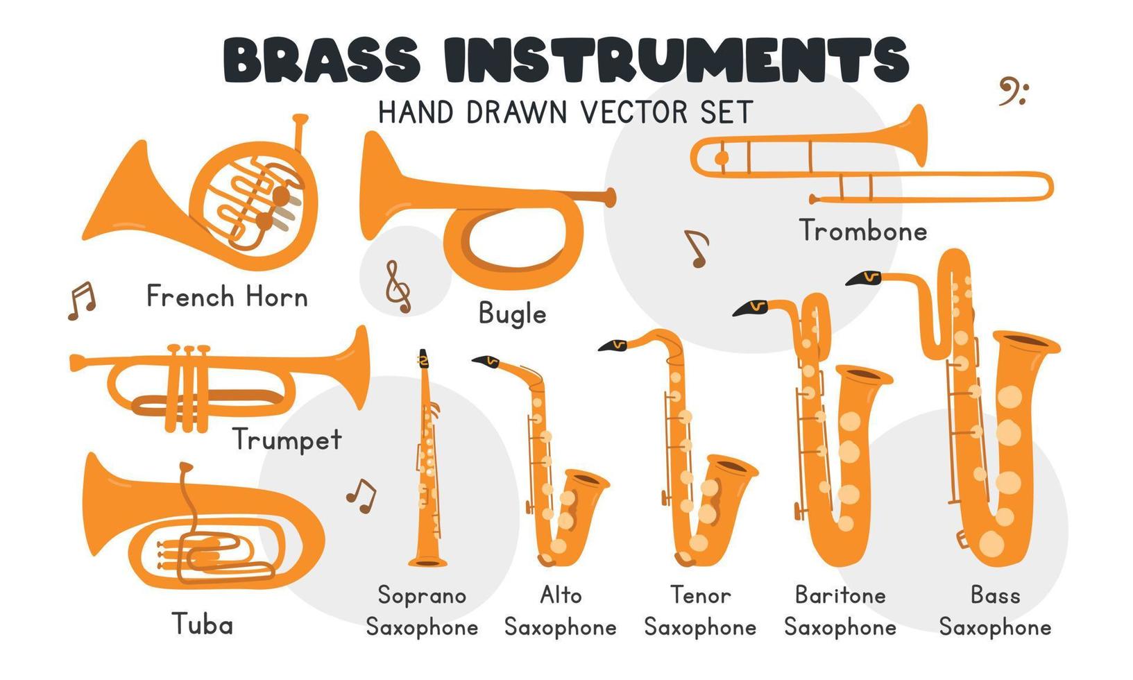 Brass instruments vector set. Simple cute trumpet, bugle, trombone, tuba, saxophone, french horn brass musical instrument clipart cartoon style. Wind instrument trumpet hand drawn doodle style
