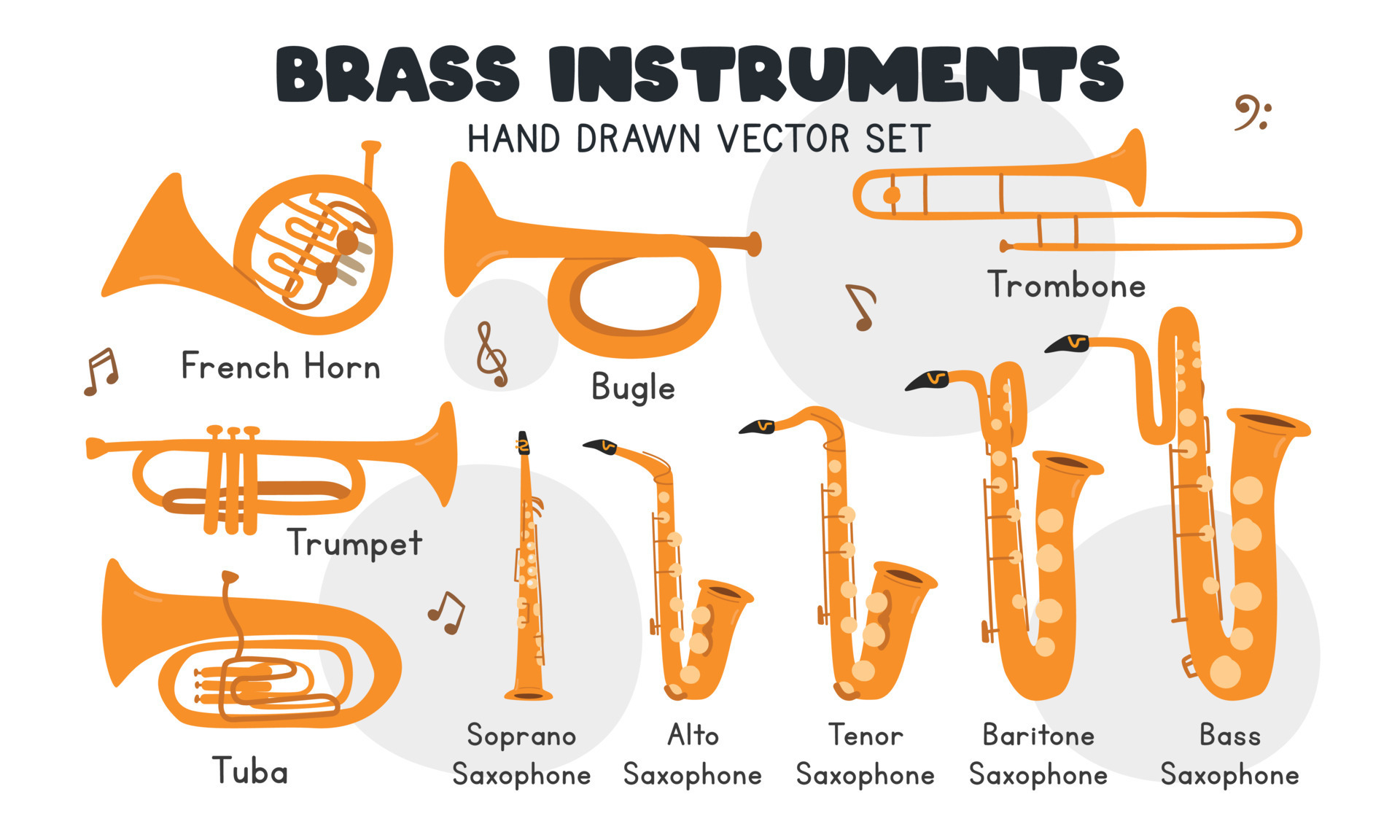 Brass instruments vector set. Simple cute trumpet, bugle, trombone, tuba,  saxophone, french horn brass musical instrument clipart cartoon style. Wind  instrument trumpet hand drawn doodle style 19134295 Vector Art at Vecteezy