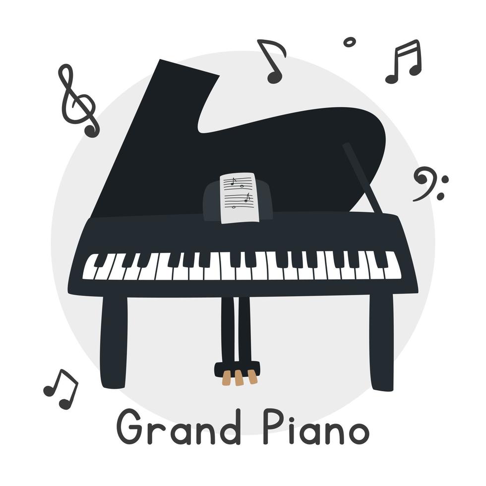 estilo de dibujos animados de imágenes prediseñadas de piano de cola. piano de cola lindo simple con ilustración de vector plano de hoja de música. teclado instrumento musical piano de cola dibujado a mano estilo doodle. diseño de vector de piano de cola