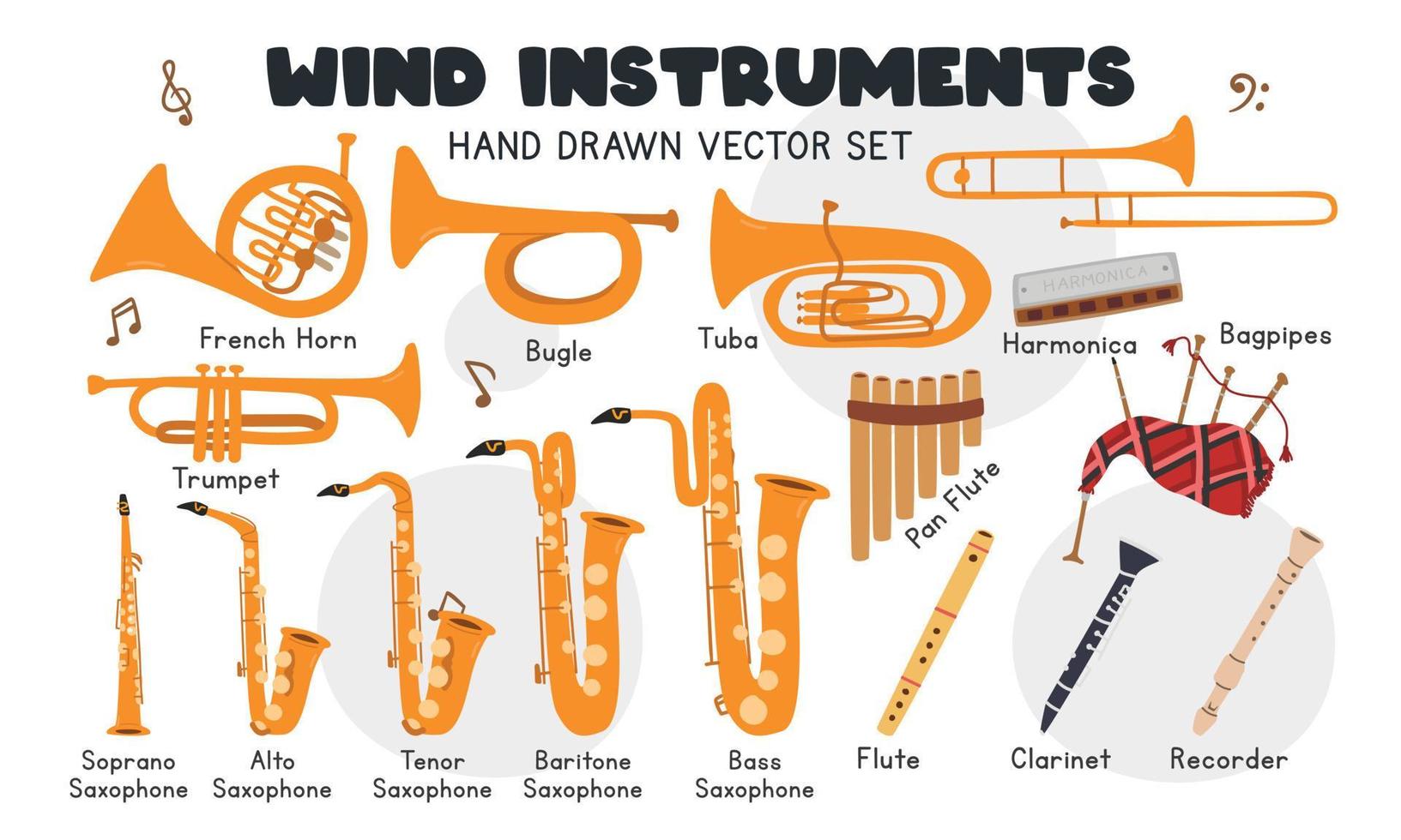 conjunto de vectores de instrumentos de viento. trompeta linda simple, corneta, trombón, tuba, saxofón, cuerno francés, clarinete, grabadora, estilo de dibujos animados de imágenes prediseñadas de gaitas. instrumento de viento trompeta estilo doodle dibujado a mano