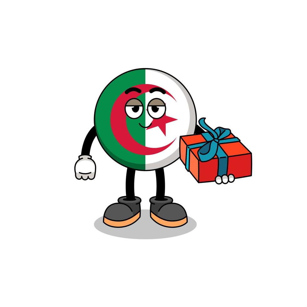 ilustración de la mascota de la bandera de argelia dando un regalo vector