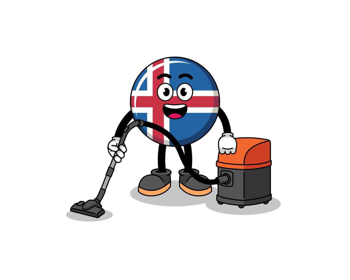 mascota del personaje de la bandera de islandia con aspiradora vector