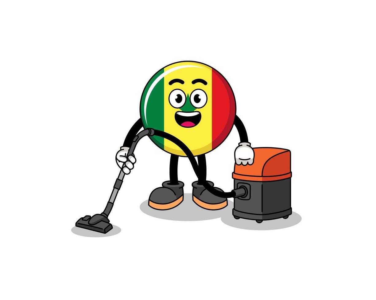 mascota del personaje de la bandera de senegal con aspiradora vector