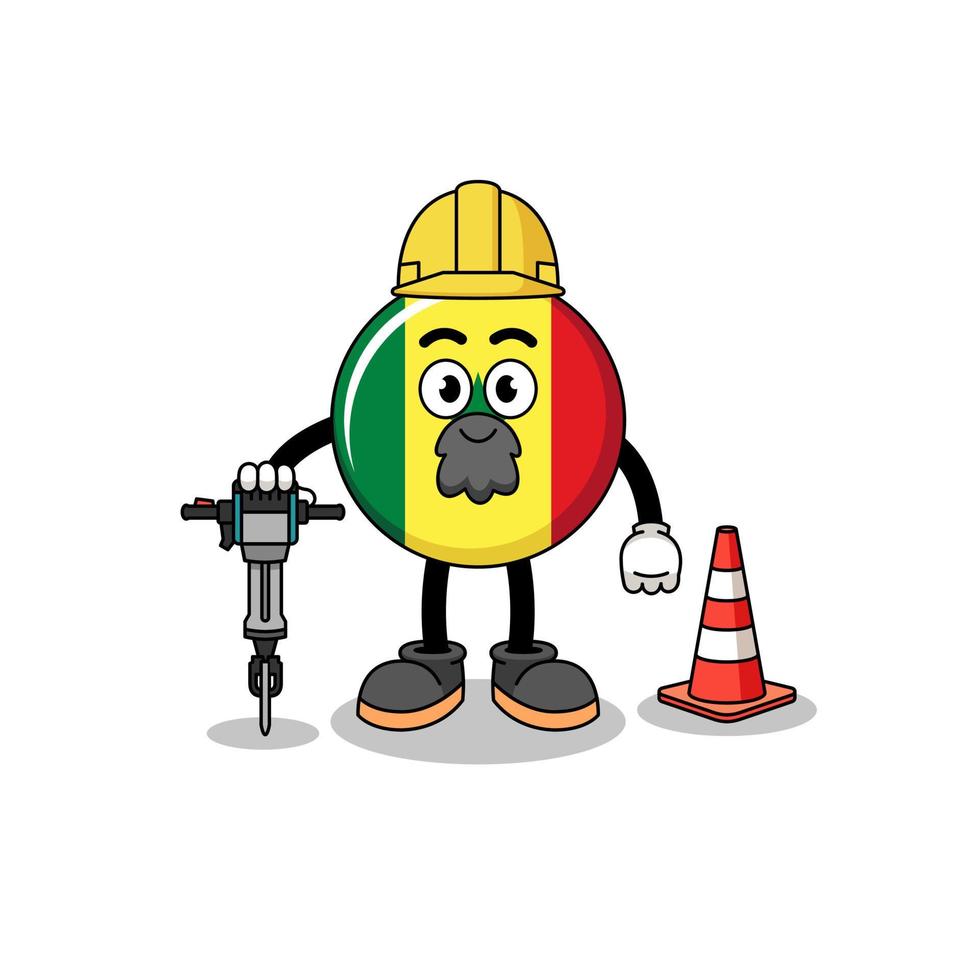 caricatura de personaje de la bandera de senegal trabajando en la construcción de carreteras vector