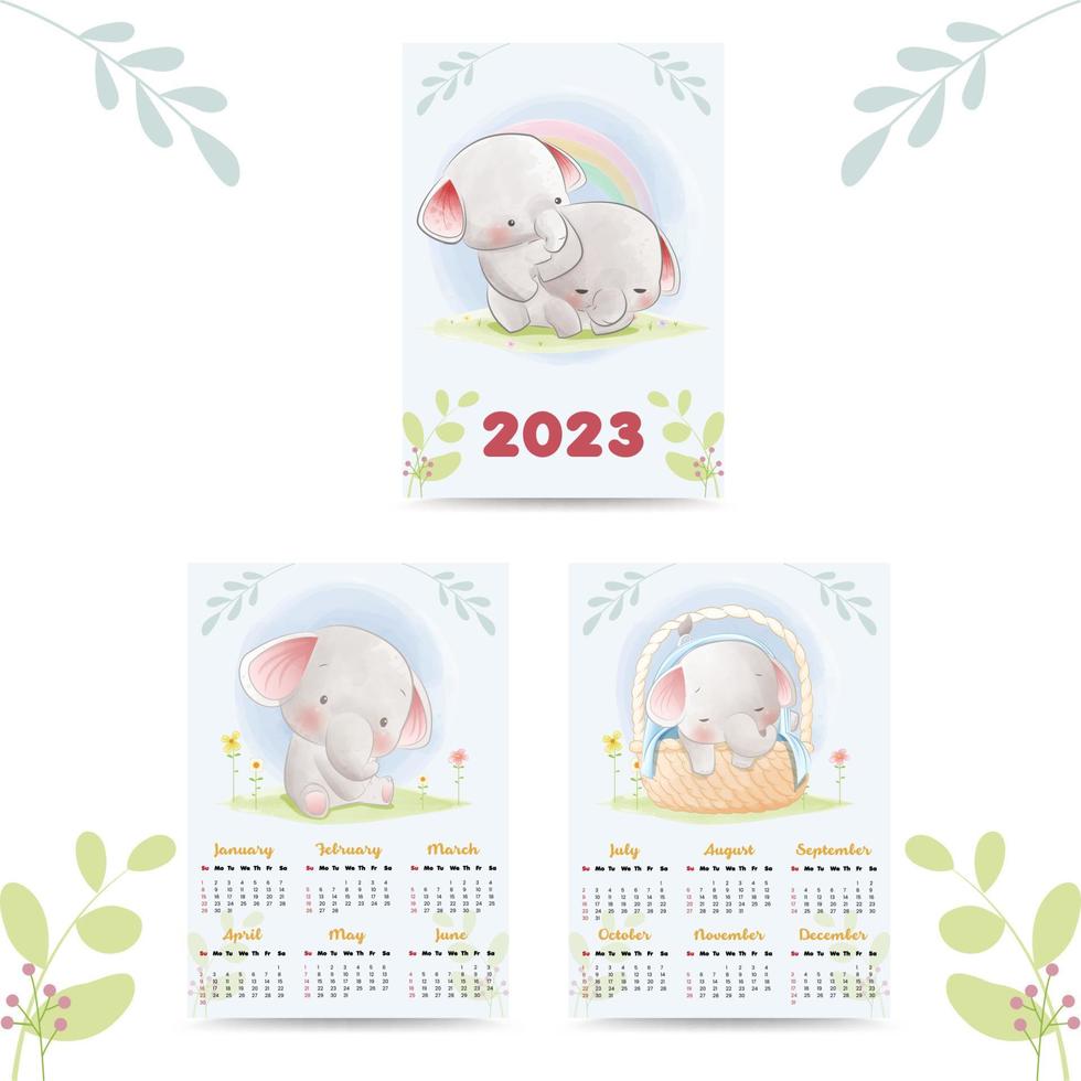 calendar 2023 with cute animals illustration watercolor style vector