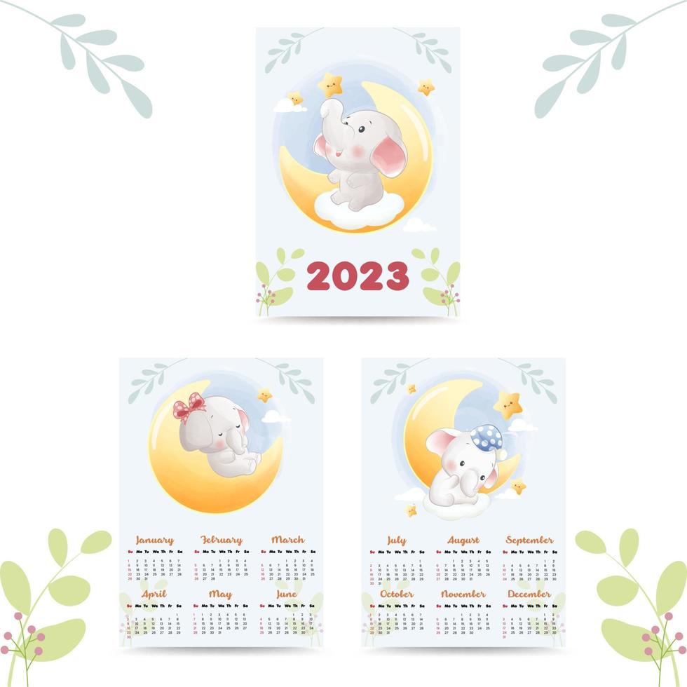 calendario 2023 con ilustración de animales lindos estilo acuarela vector