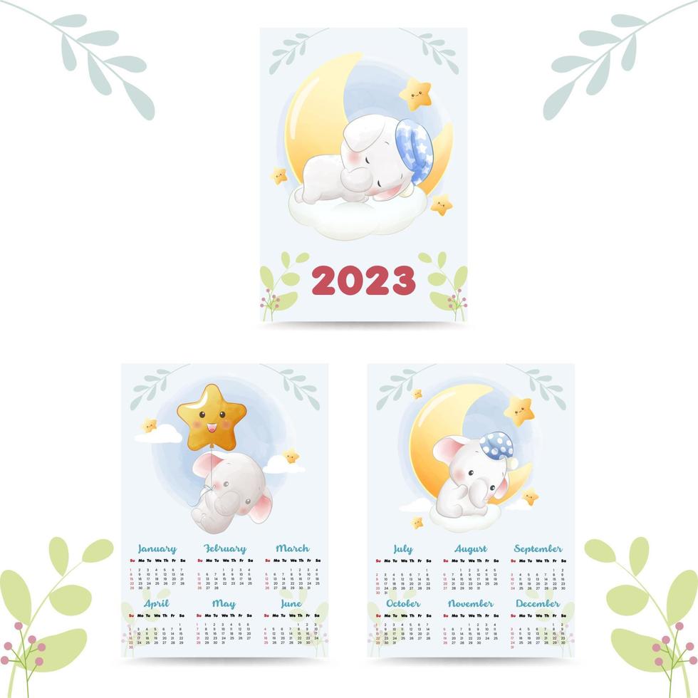 calendar 2023 with cute animals illustration watercolor style vector