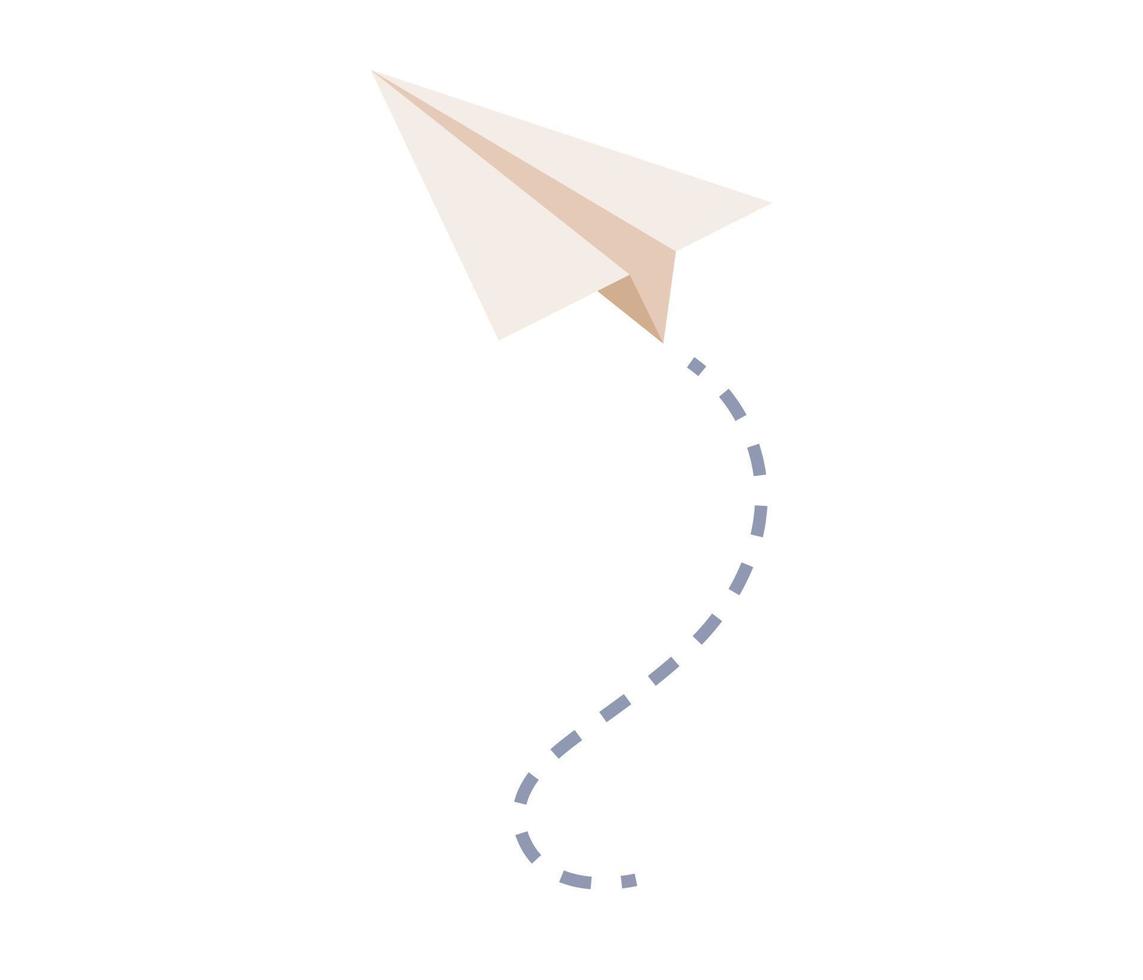 Paper air plane flying. Origami paper plane icon. Route of aircraft in form of dotted line. Vector flat illustration