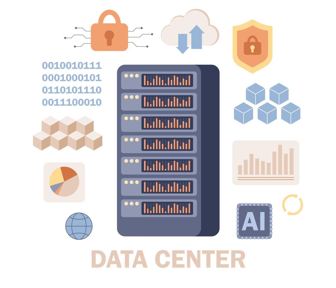 Data center. Cloud computer connection database server hosting. AI chip, machine learning, analysis information. Vector flat icon set.