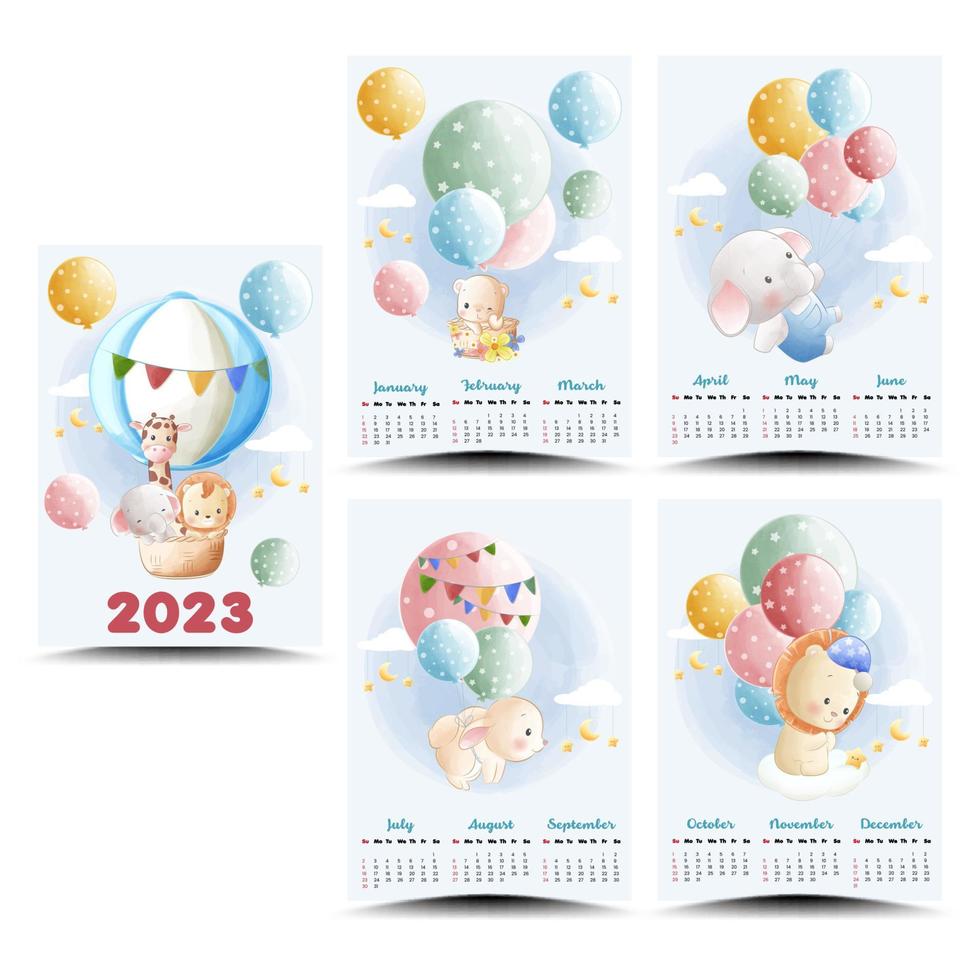 calendar 2023 with cute animals illustration watercolor style vector