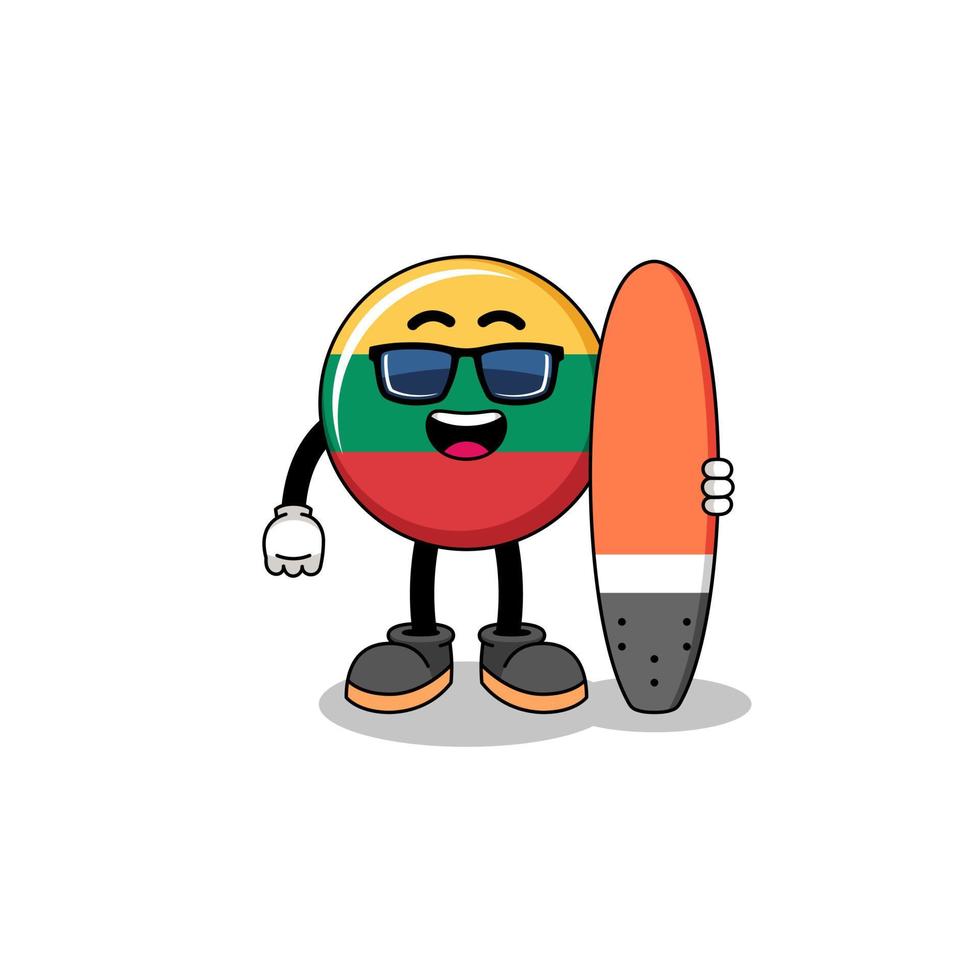 caricatura de mascota de la bandera de lituania como surfista vector