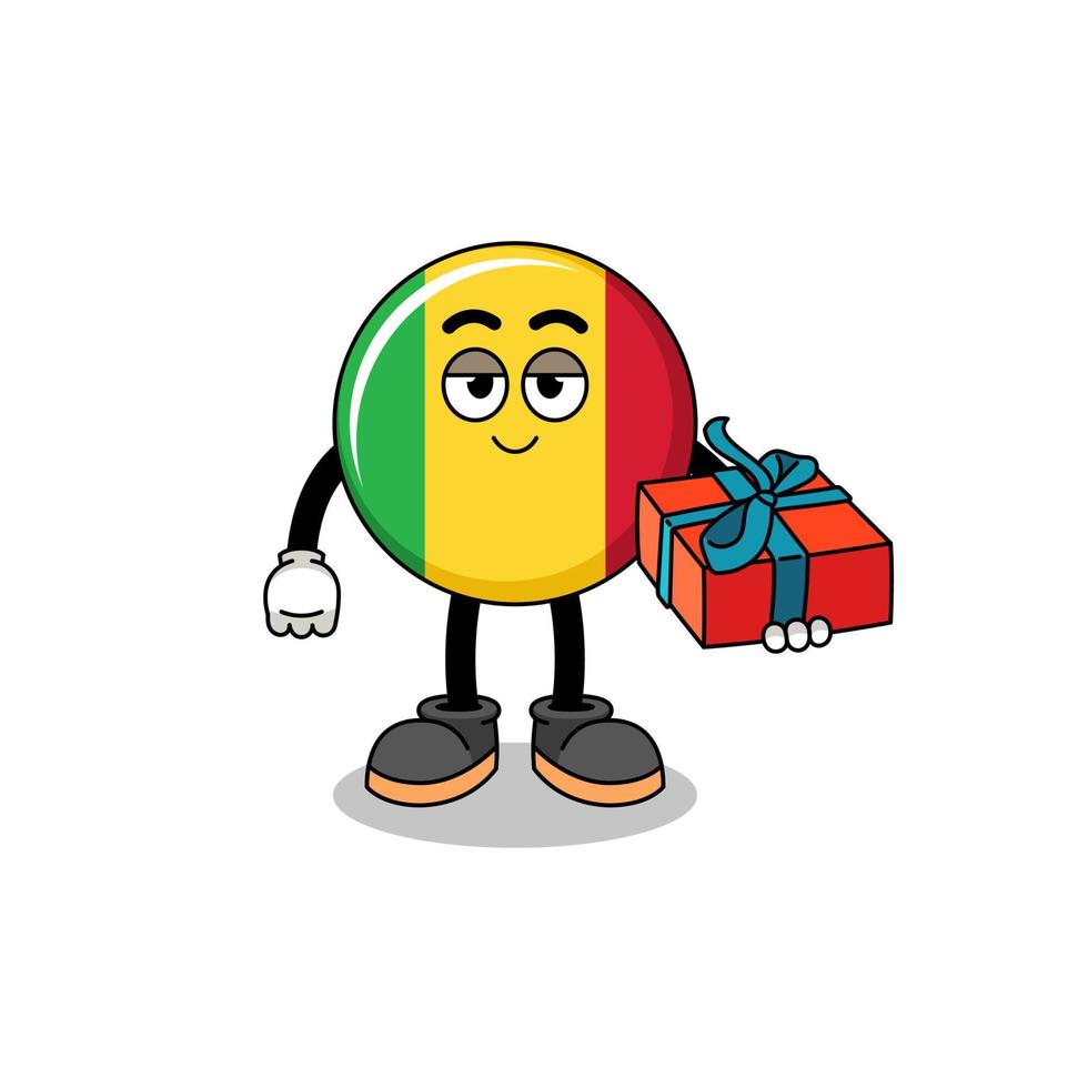 ilustración de la mascota de la bandera de mali dando un regalo vector