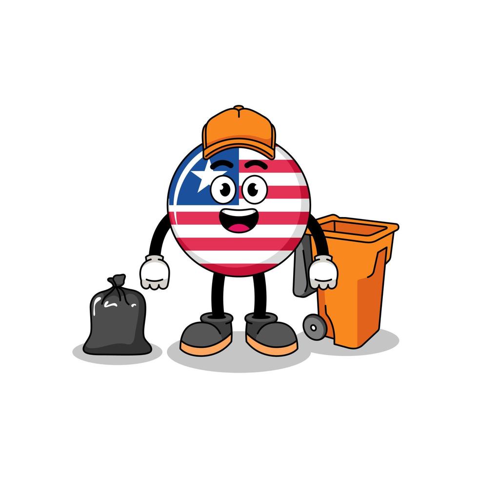 Illustration of liberia flag cartoon as a garbage collector vector