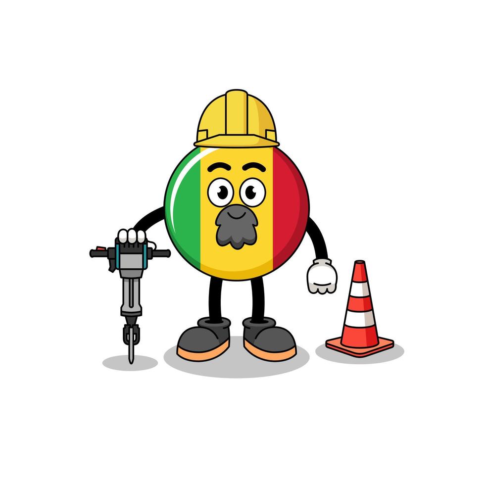 caricatura de personaje de la bandera de mali trabajando en la construcción de carreteras vector