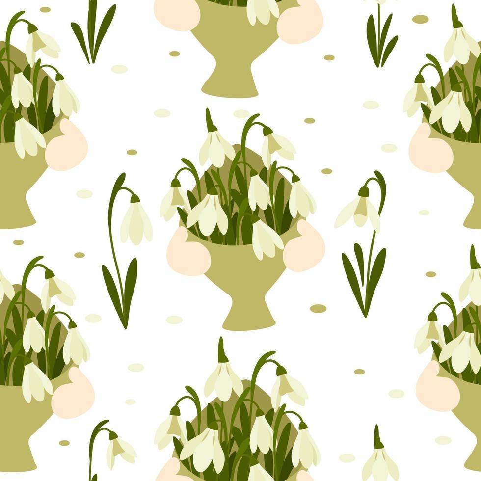 Seamless pattern Bouquet Snowdrops flower on spring white background. Print for your design. Vector Illustration.