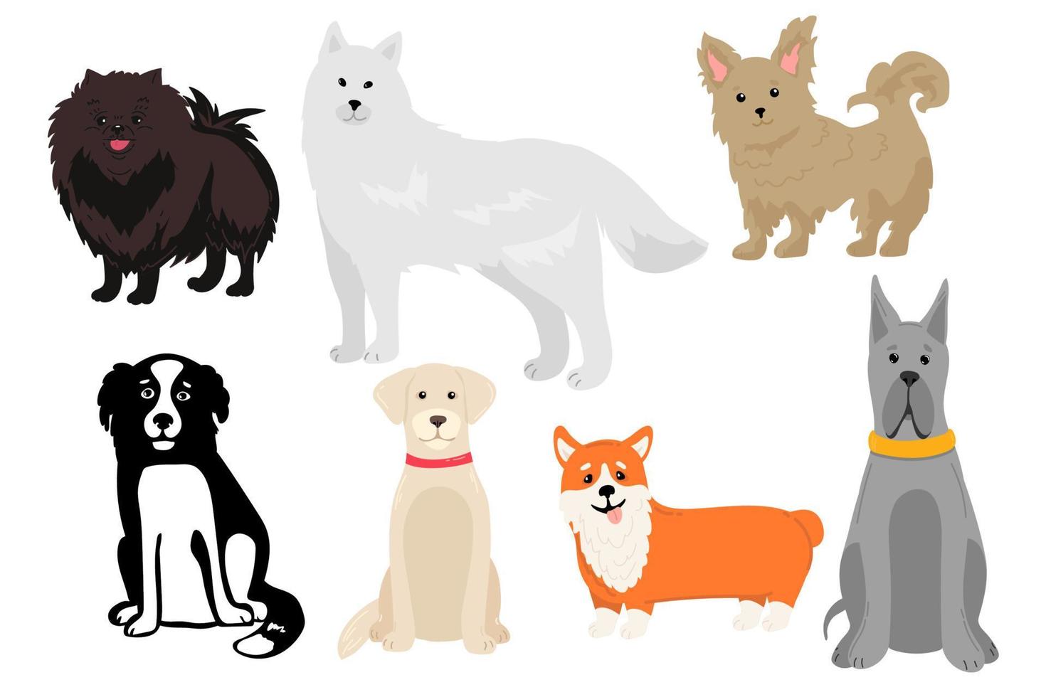 colección de perros. ilustración vectorial de divertidos dibujos animados de diferentes razas de perros en un moderno estilo plano. aislado en blanco vector