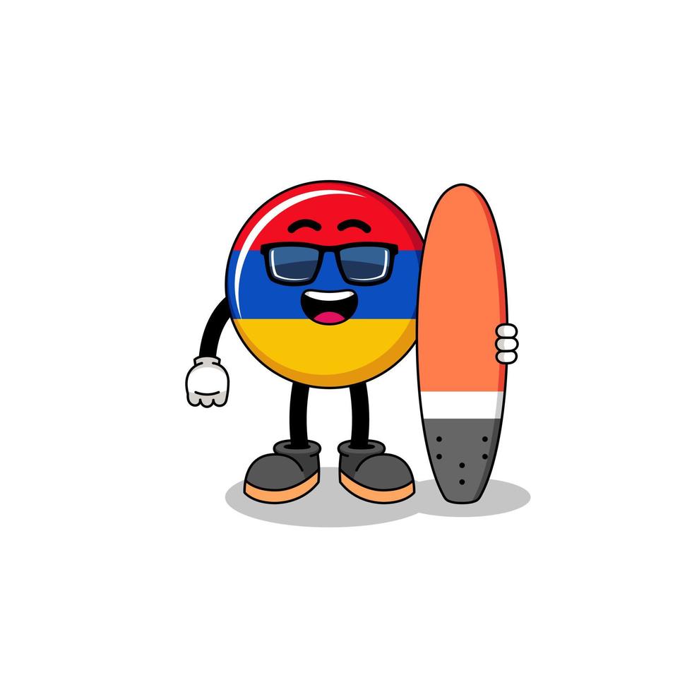 caricatura de mascota de la bandera de armenia como surfista vector