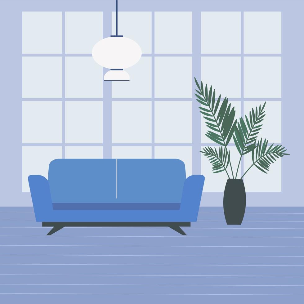 A room without people.Copy space template.Modern living space without people. Interior with large windows. Flat vector illustration. Room with sofa, lamp, potted plant, window. illustration for design