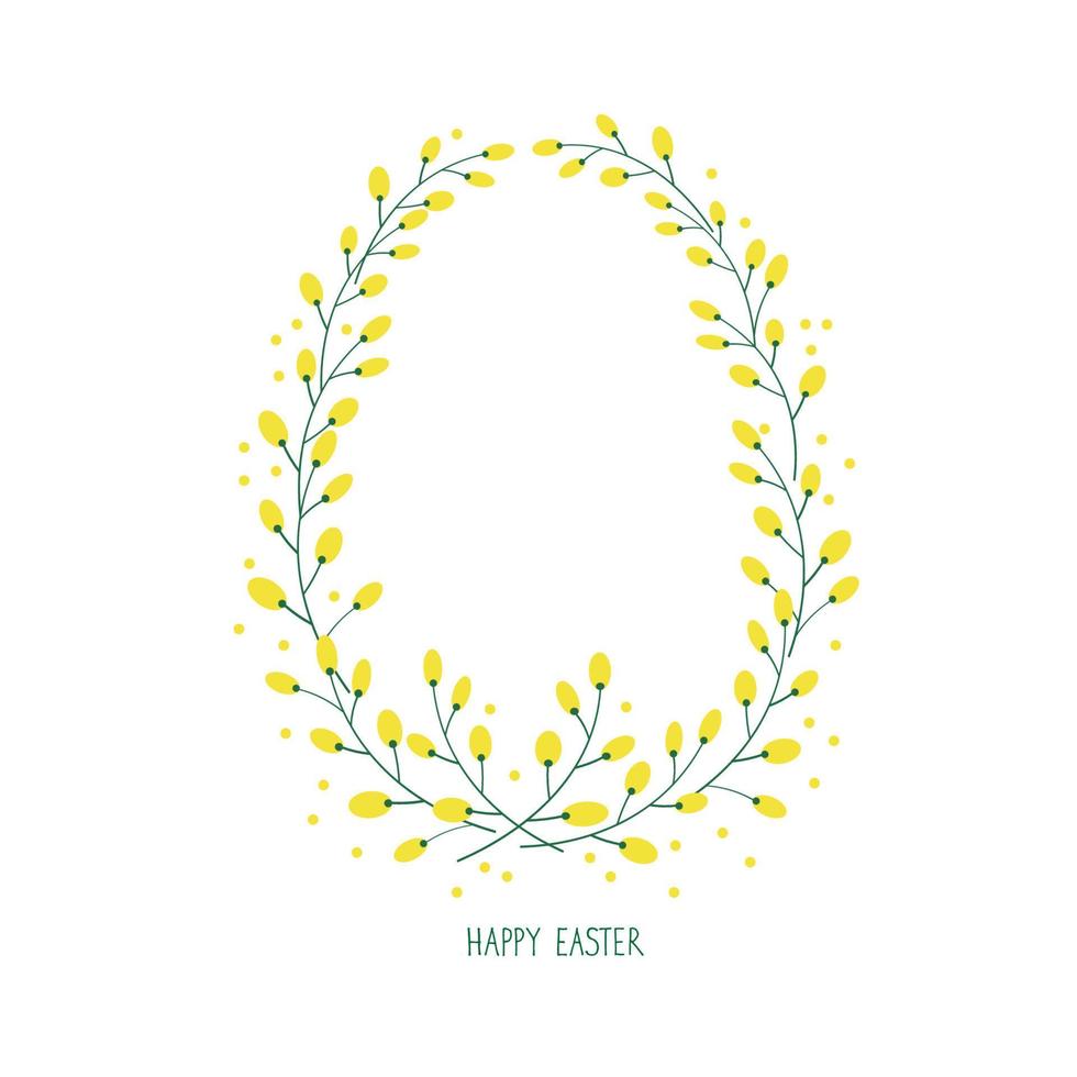Easter egg,congratulations on the holiday of Easter.The Easter egg is framed with a yellow ornament of mimosa flowers on an isolated background.Frame for your text.Handwritten inscription Happy Easter vector