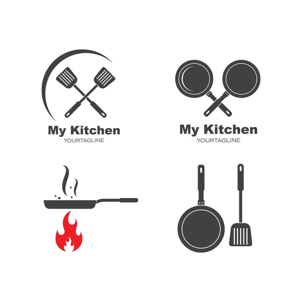 spatula and pan logo icon of cooking and kithen vector