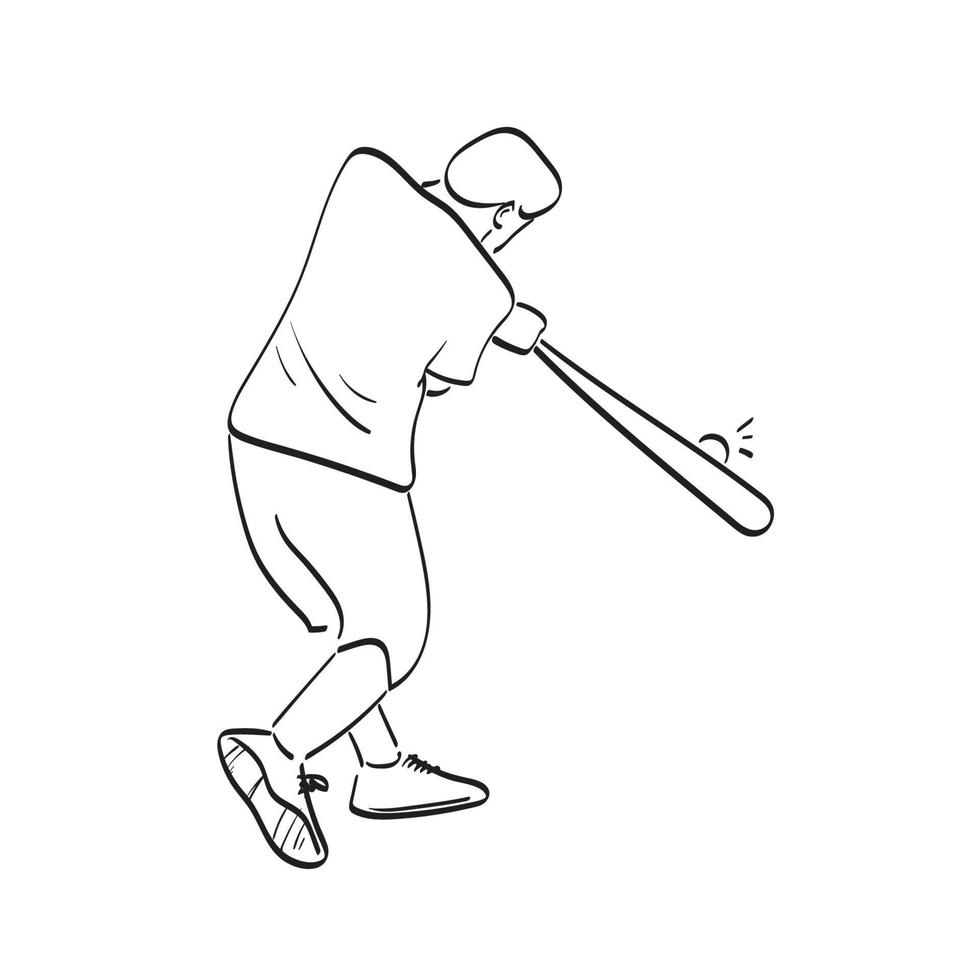 línea arte bateador de béisbol golpeando la bola ilustración vector dibujado a mano aislado sobre fondo blanco