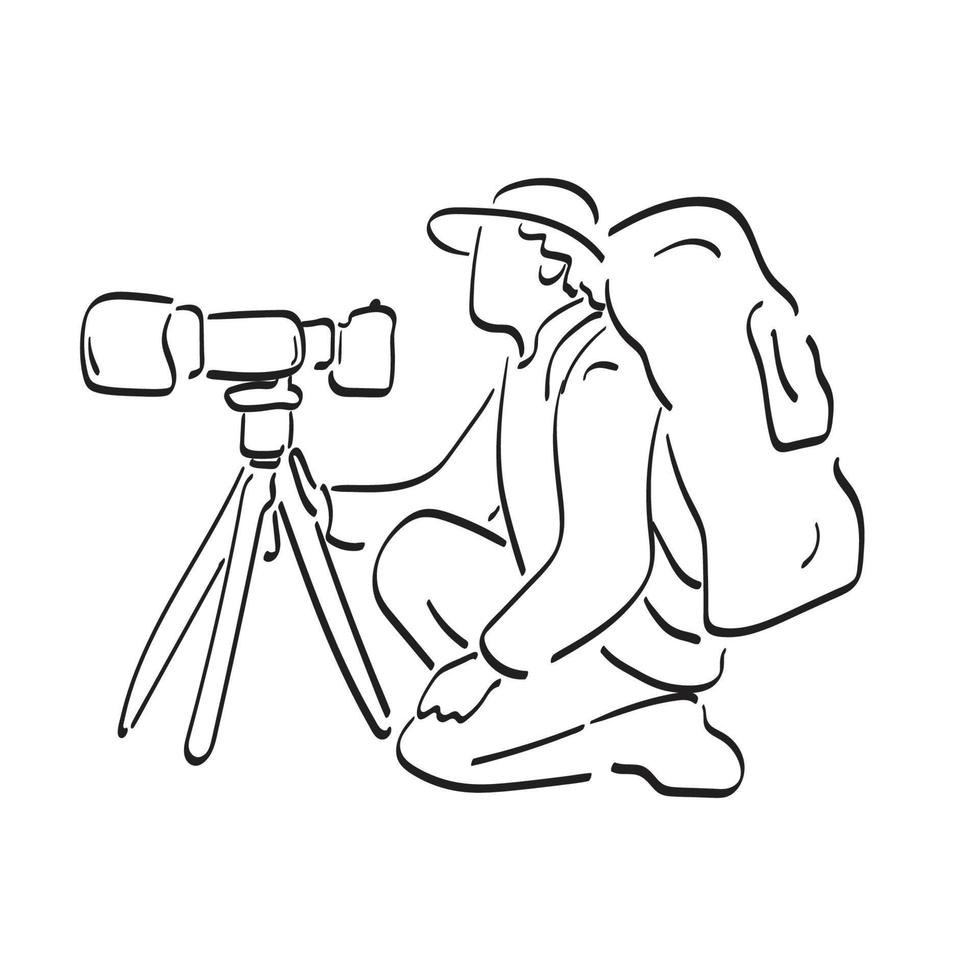 Professional travel photographer with camera big lens tripod illustration vector hand drawn isolated on white background line art.