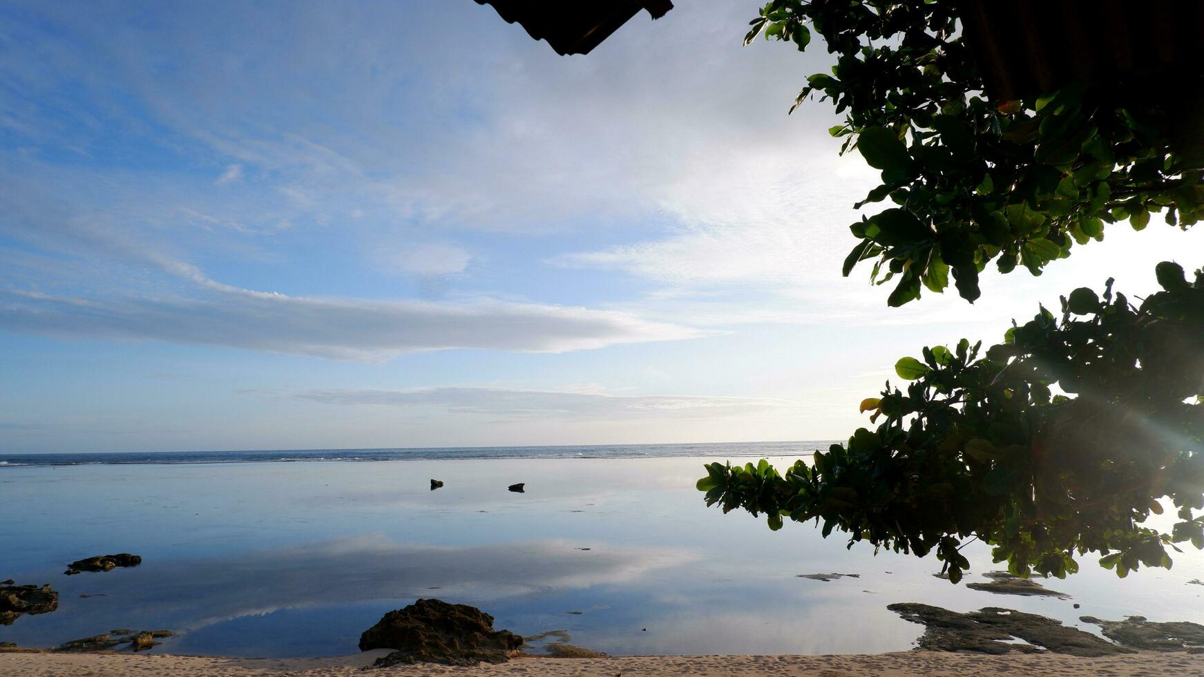 Turquoise water, white waves, blue sky, Green tree, White sand, Beautiful beach,and beautiful Island, Sayang heulang Garut, Panoramic view photo