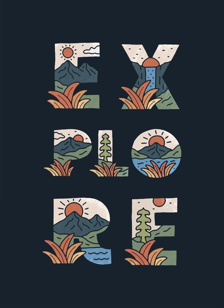 explore la carta con el diseño de campamento de montaña de la naturaleza. usar para camisetas, calcomanías y otros usos vector