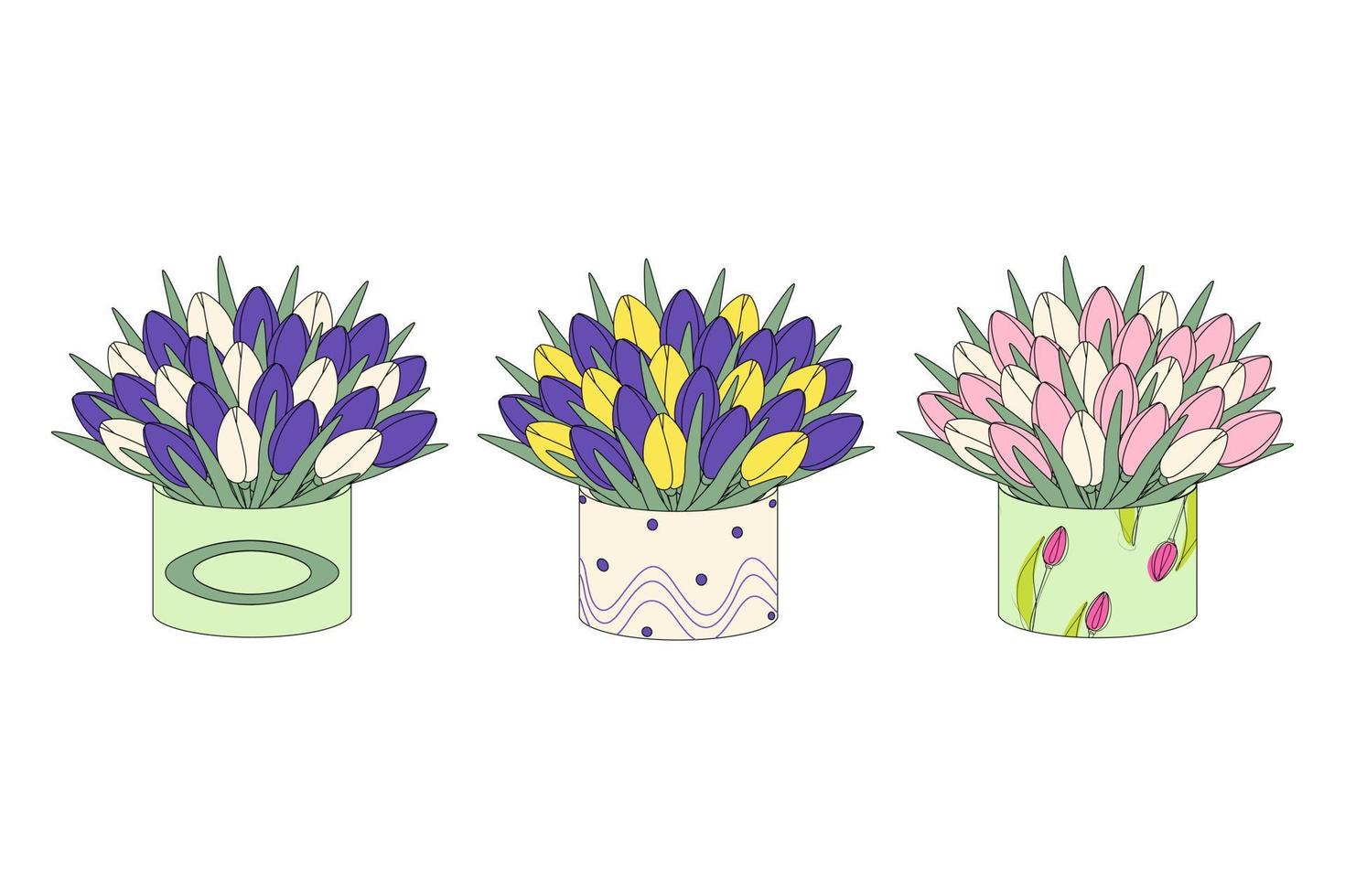 Set of 3 large bouquet of colorful tulips in circular box in cartoon style in trendy shades. 8 March vector
