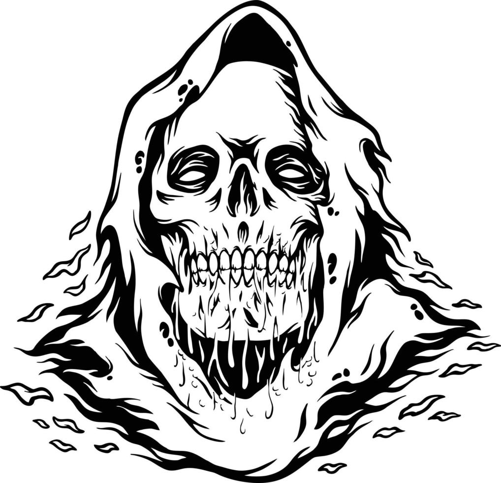 Creepy head skeleton grim reaper cartoon logo monochrome Vector for your work Logo, mascot merchandise t-shirt, stickers and Label designs, poster, greeting cards advertising business company brands