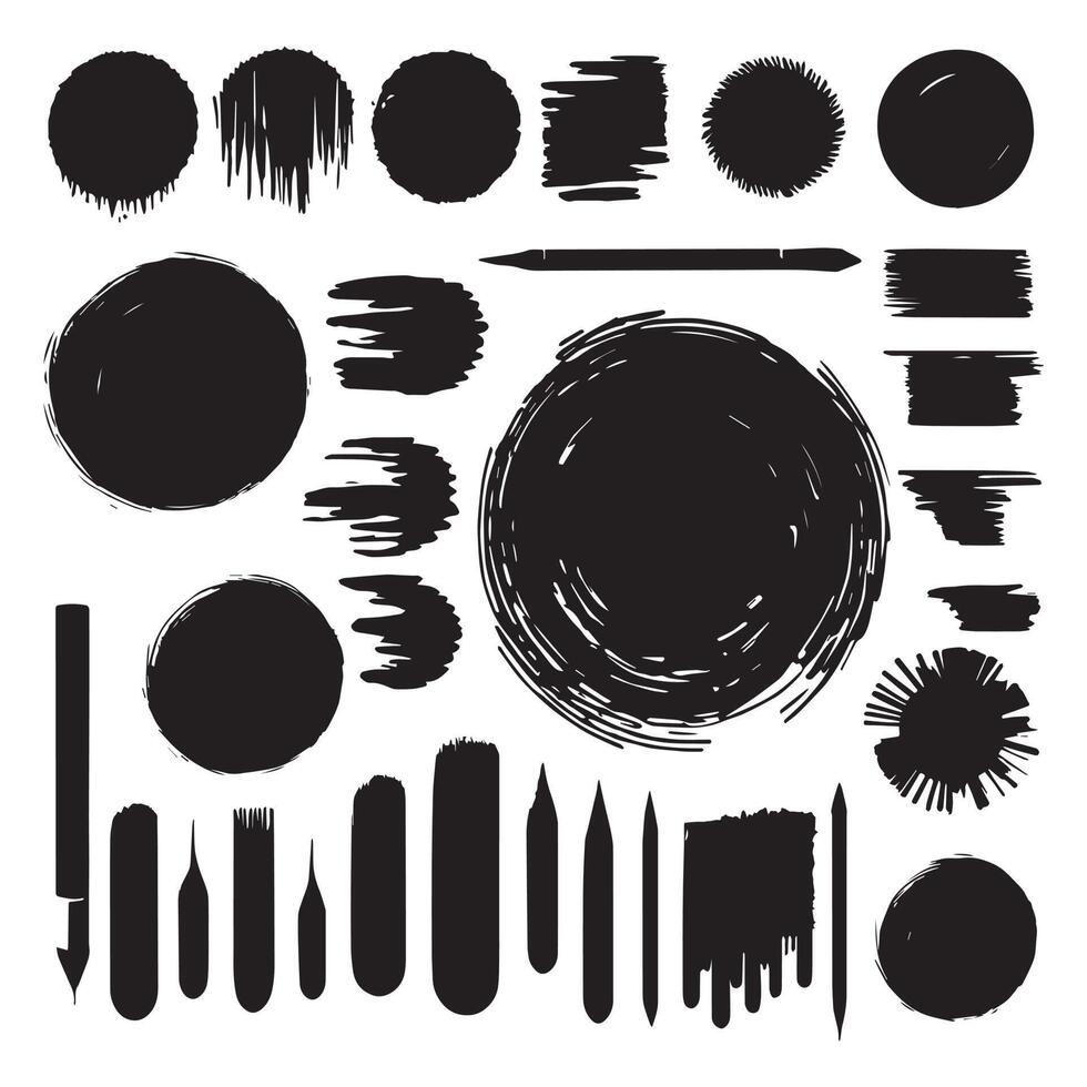 conjunto de trazos de pincel con pintura, trazos alargados, cuadrados, rectangulares, reales hechos a mano con varias formas, circular, trazo vectorial en color negro aislado en fondo blanco. vector