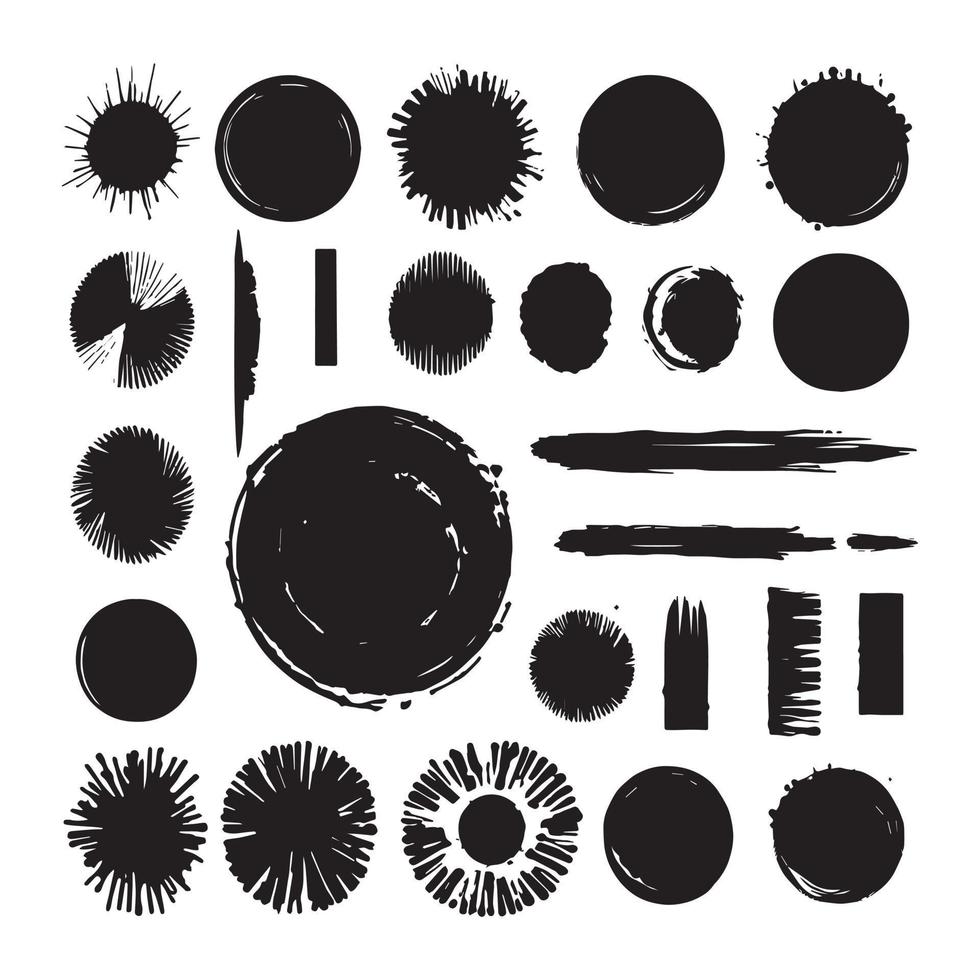 conjunto de trazos de pincel con pintura, trazos alargados, cuadrados, rectangulares, reales hechos a mano con varias formas, circular, trazo vectorial en color negro aislado en fondo blanco. vector