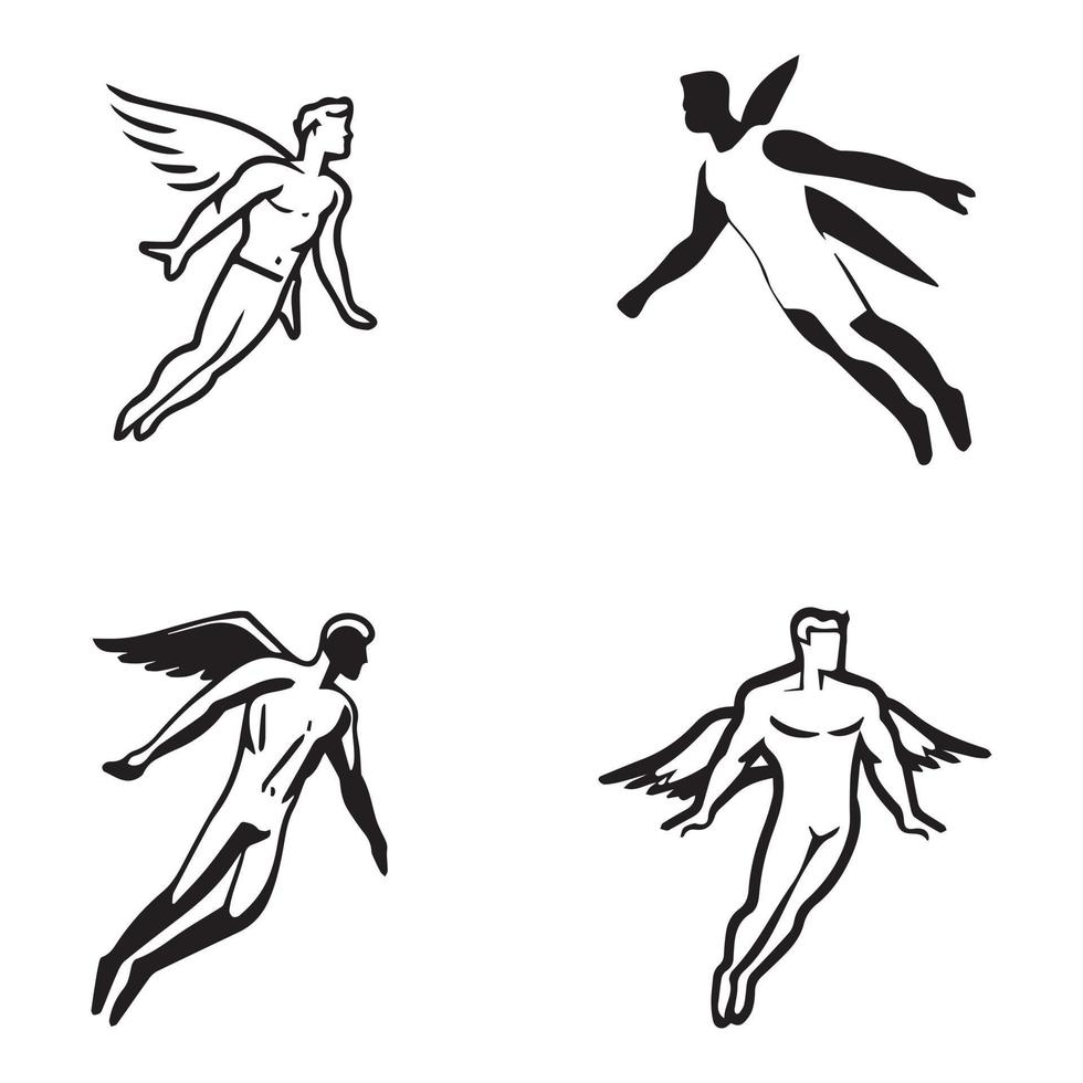 Ángel de hombre volador con icono de alas, contorno negro del vector del logotipo