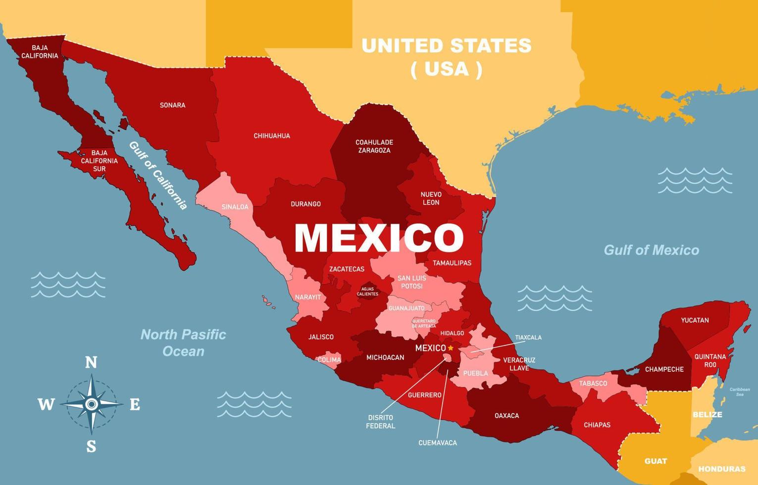 mapa de méxico con nombre de país detallado vector