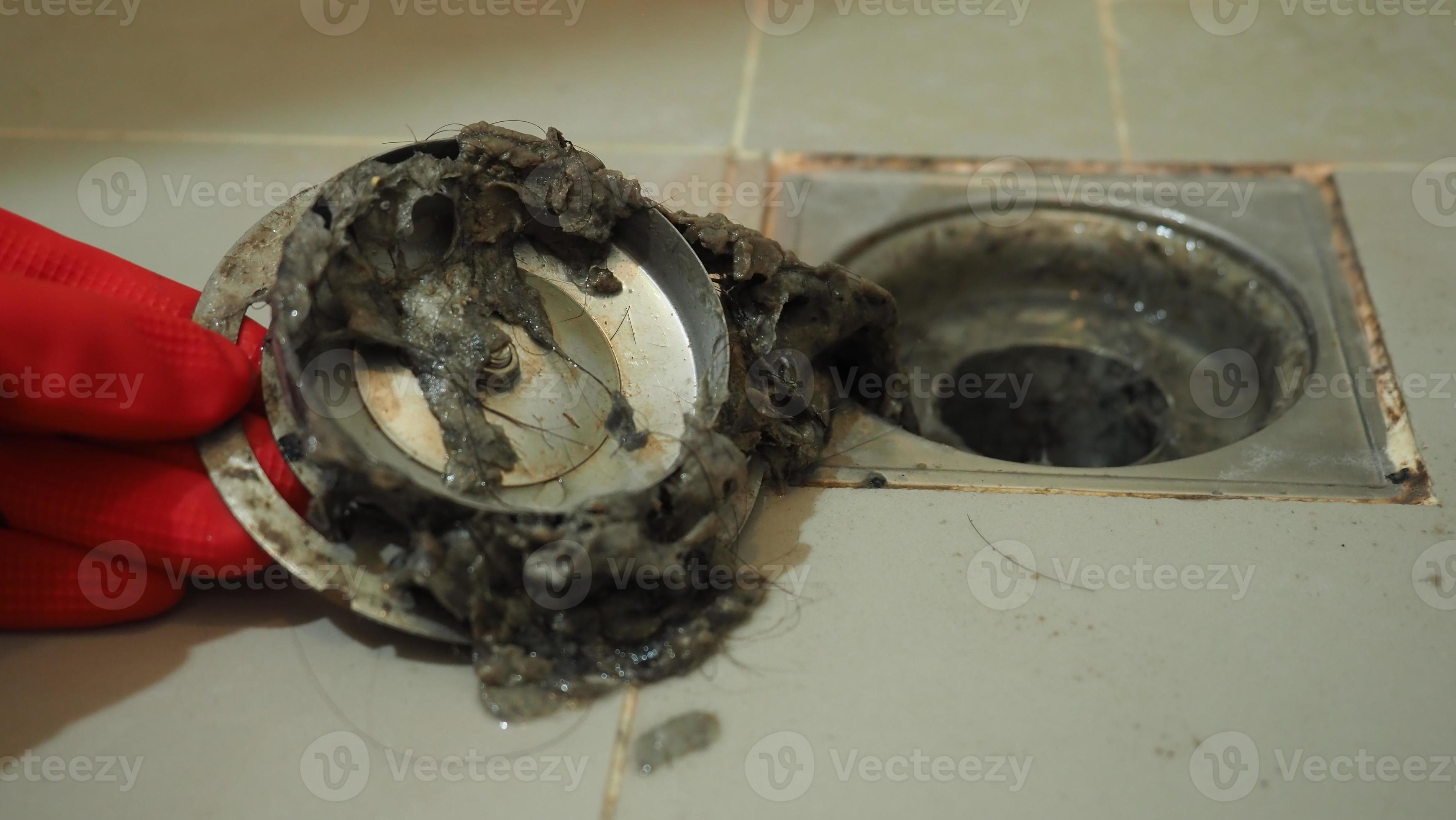 Drain cleaning. Clogged and dirty sewer pipes floor drain. Full of hair