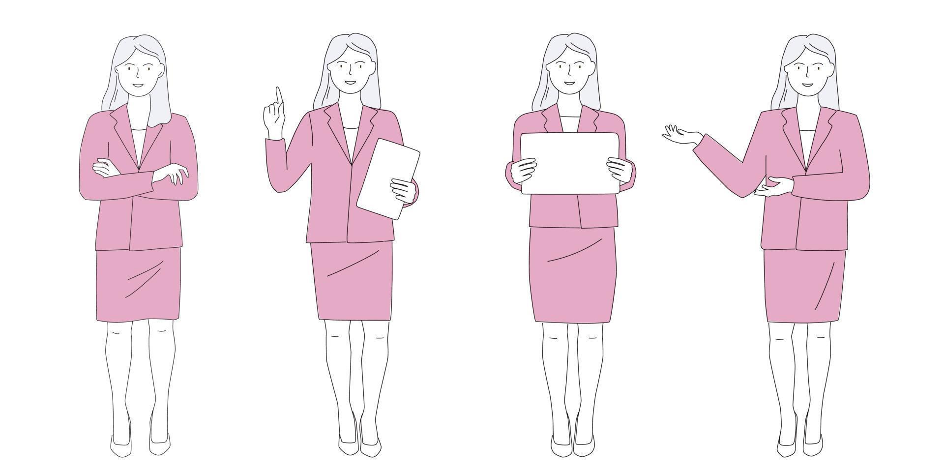 A young woman in a business suit with a tablet in different poses teaches, brings information, thinks. Vector line graphics.