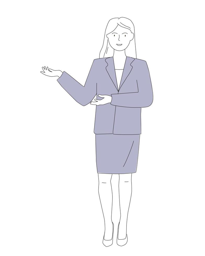 una mujer con traje formal explicará, mostrará, enseñará. una persona de negocios, un profesor hace una presentación. gráficos de líneas vectoriales. vector