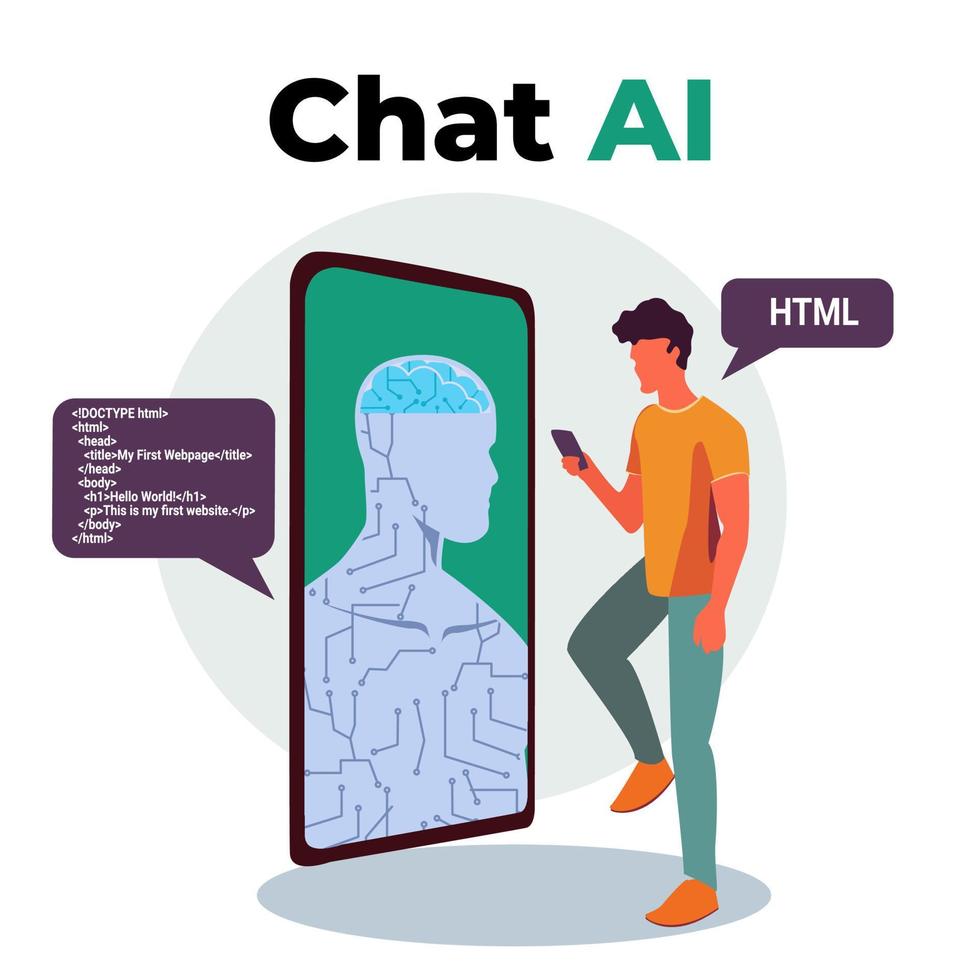 illustration of male chat with Artifical intelligence prompting a simple HTML code vector