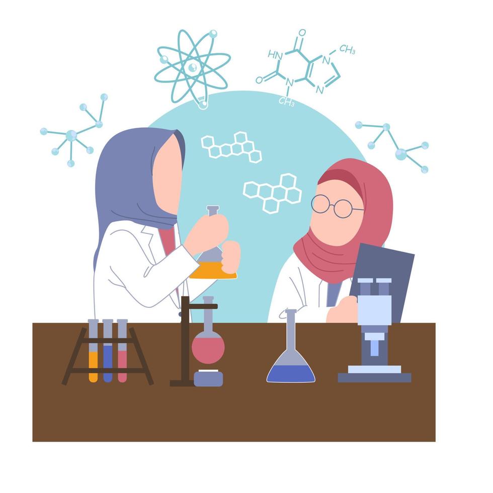 Two Muslim girls, dressed in their traditional attire, are holding science kits, showcasing their interest and passion for science vector