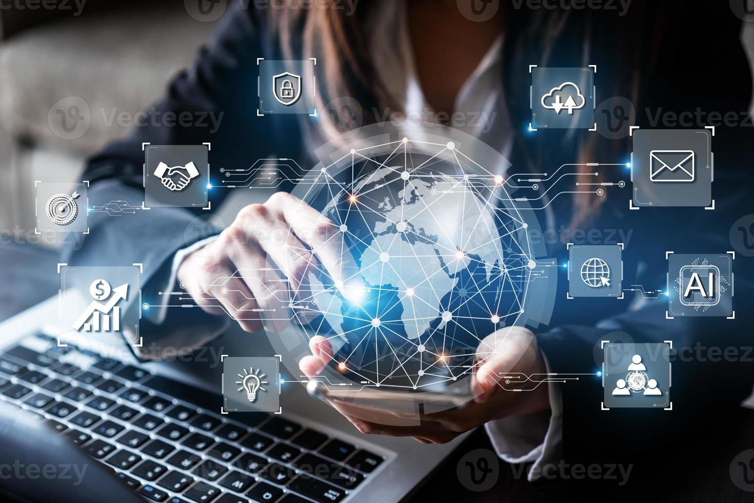 Businesswoman using smart devices for Digital technology connection and marketing, global internet network and AI Artificial intelligence concept photo