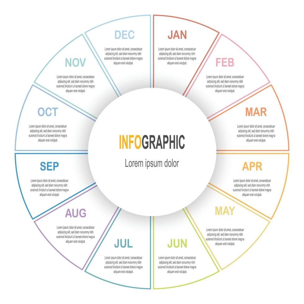 plantilla de círculo infográfico, ilustración de datos comerciales de 12 pasos, plantilla infográfica de línea de tiempo de presentación. vector