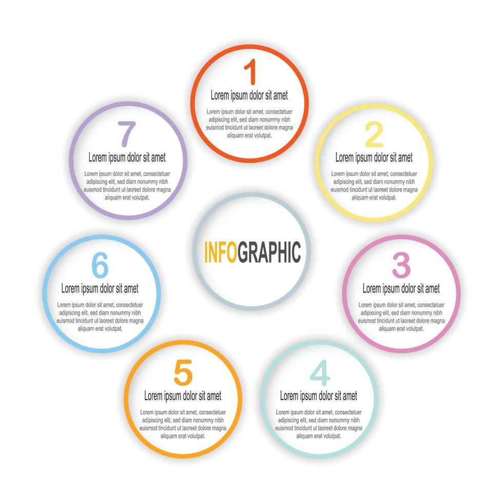 Infographic White circle template, 7 steps business data illustration for Annual, Report, Presentation timeline infographic template. vector