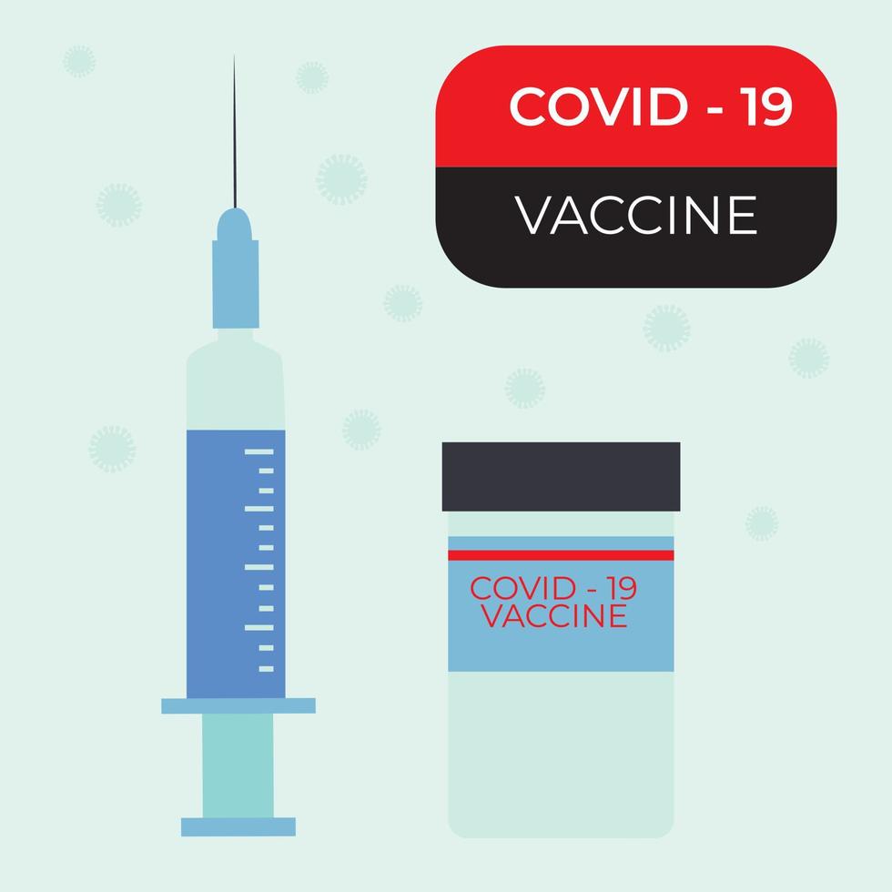 Research and development to create COVID-19 vaccine. Design by blue vaccine bottle and injection syringe. Concept of Vaccines to provention or fight against Coronavirus. Vector illustration