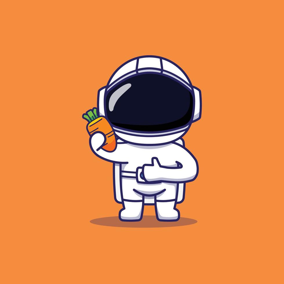 lindo personaje de astronauta dando pulgares hacia arriba a la zanahoria fresca vector