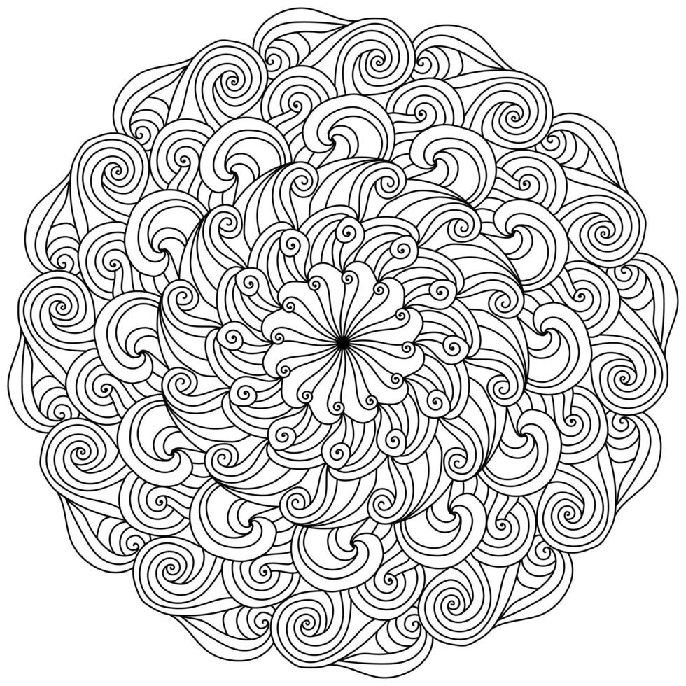 Meditative mandala in the shape of a symmetrical flower, coloring page with spiral curls vector