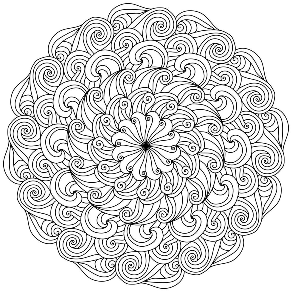 mandala meditativo en forma de flor simétrica, página coloreada con rizos en espiral vector