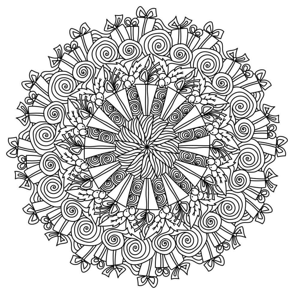 Christmas outline mandala, holiday coloring page with Xmas attributes vector