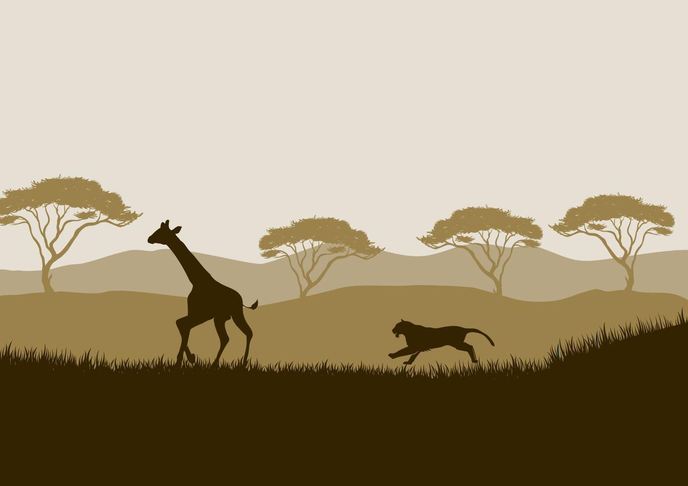 siluetas de jirafa y leopardo en la sabana africana. ilustración vectorial para el fondo vector