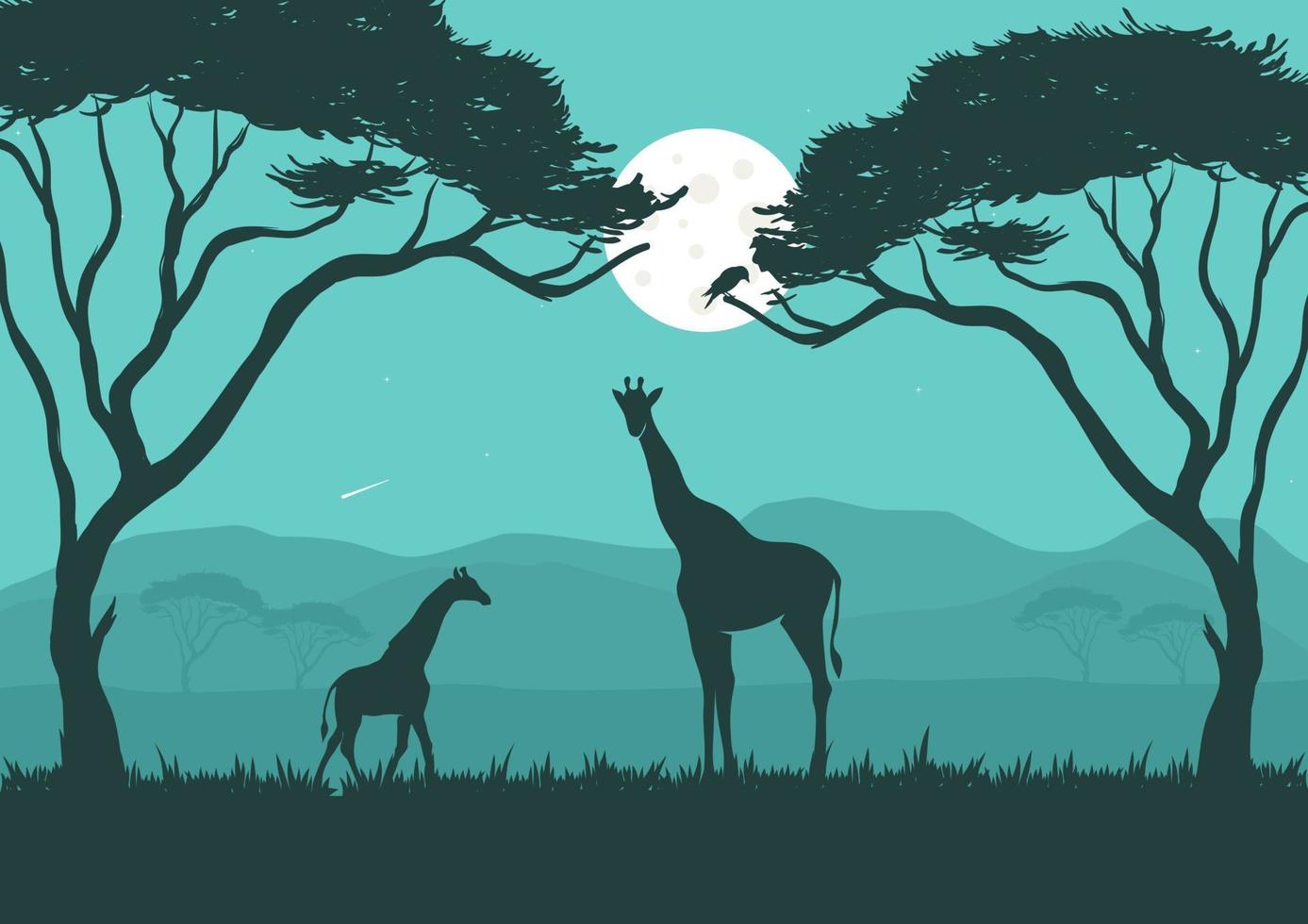 Giraffes in the savanna with a full moon at night. Vector illustration